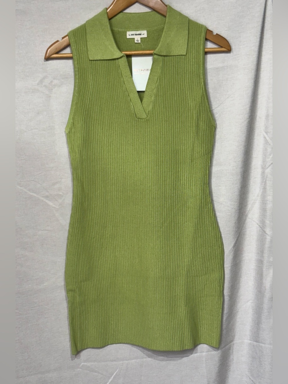 ee:some • Lime Green Ribbed Sleeveless Polo Mini Dress Large BUY NOW PRICE - Picture 3 of 9